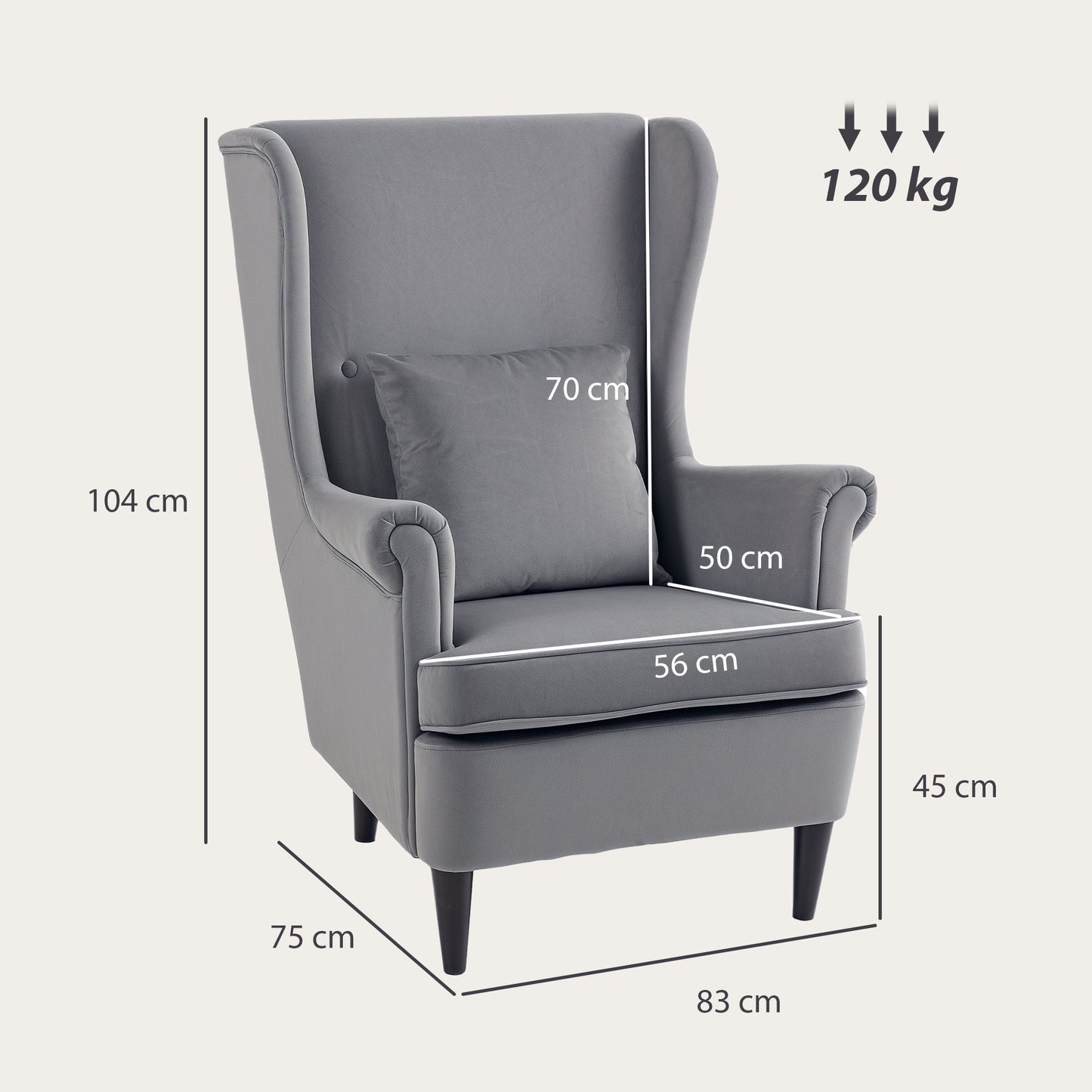 HOMCOM Modern Accent Chair, Upholstered Wingback Armchair with High Backrest and Pillow, Velvet-Feel Fabric Reading Chair with Solid Wood Legs for Living Room, Bedroom, Home Office, Dark Grey
