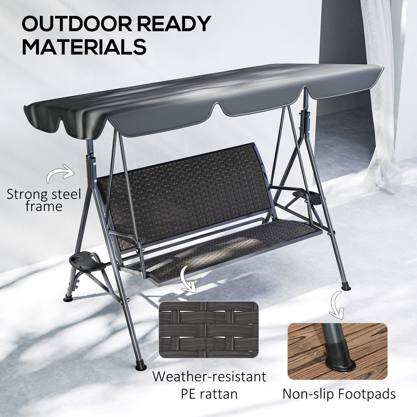 Outsunny 3 Seater Swing Chair, Garden Swing Seat Bench with Adjustable Canopy, Rattan Seat and Steel Frame for Patio, Yard, Grey
