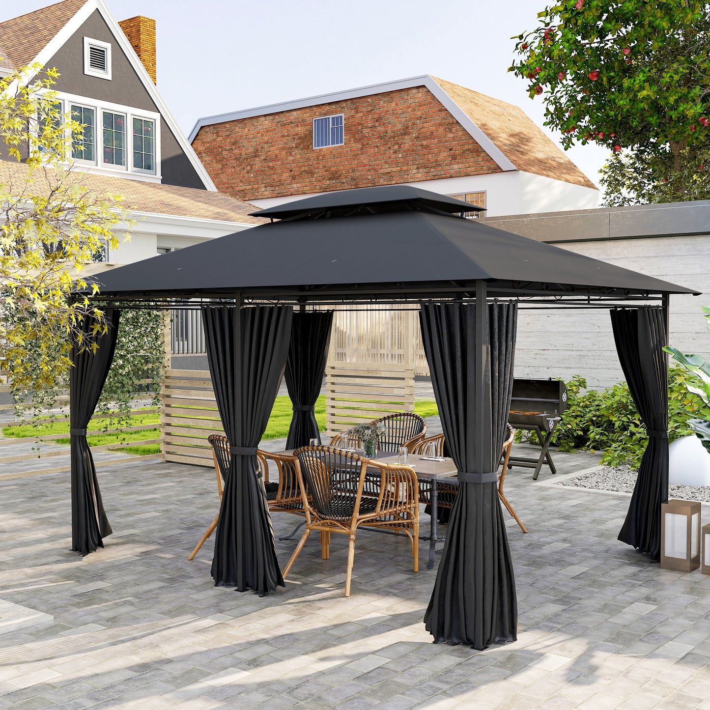 Outsunny 3 x 4m Steel Gazebo, with Curtains - Black