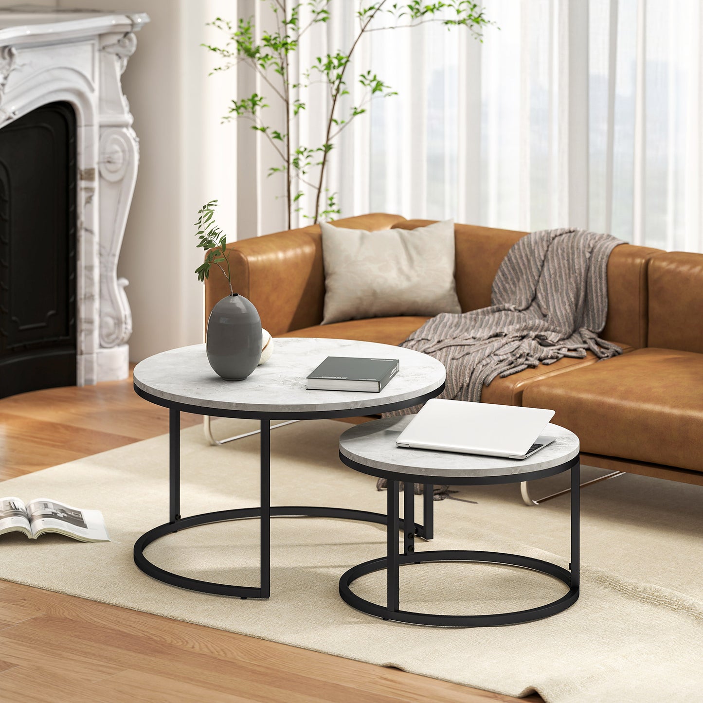 HOMCOM Set of Two Marble-Effect Stacking Tables - Wood Grey