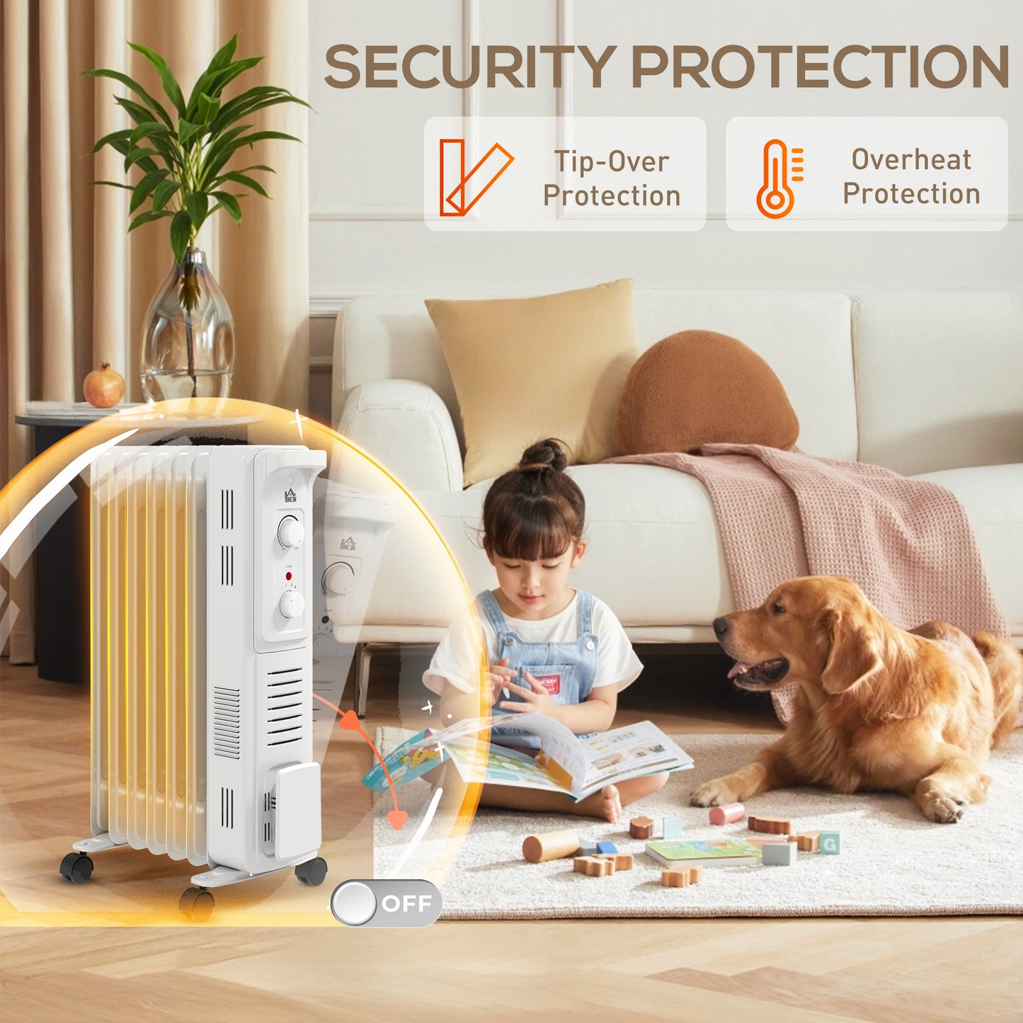 مدفأة زيت هادئة من HOMCOM بقوة 1500 واط، مدفأة كهربائية محمولة موفرة للطاقة بسبعة زعانف مع 3 إعدادات للحرارة، منظم حرارة قابل للتعديل، أمان عند الانقلاب، حماية من الحرارة الزائدة، للمنزل، لون أبيض