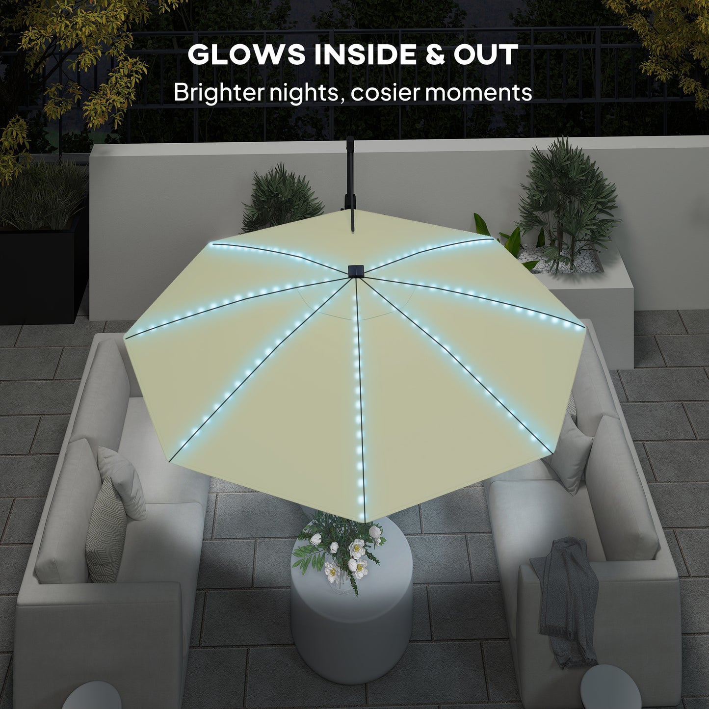 Outsunny 3(m) Cantilever Garden Parasol with Solar Powered Lights, Crank Handle & Cross Base, UPF 50+, 360° Rotation, Cream