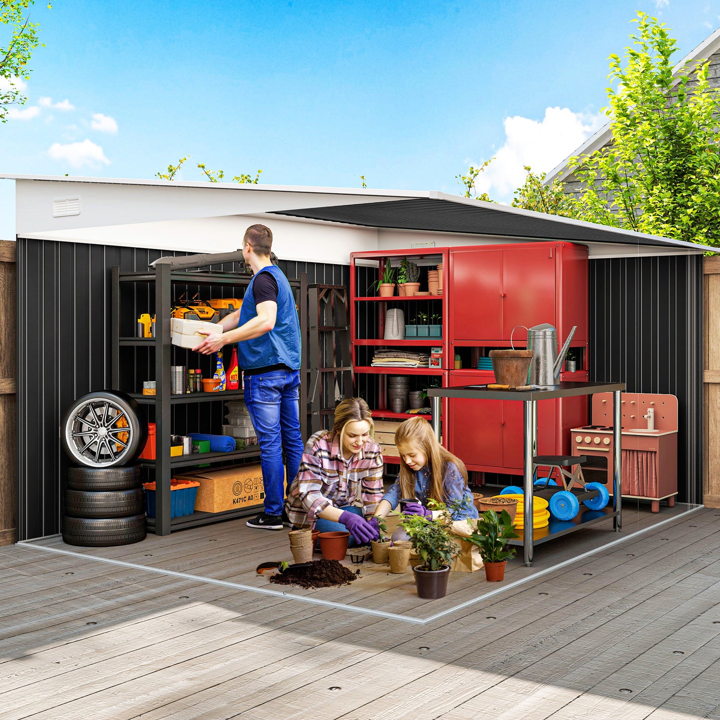 Outsunny 3.3 x 2.68m Corrugated Metal Shed - Black