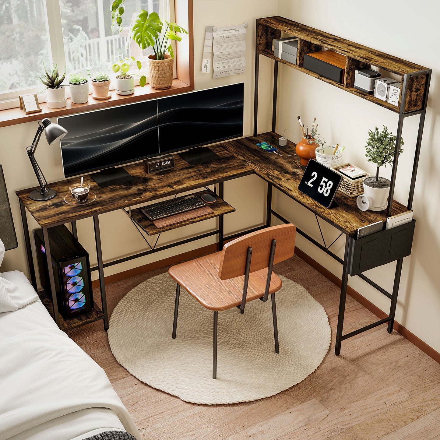 HOMCOM 160cm Reversible L Shaped Desk with Power Outlet, Industrial Corner Desk with Storage Shelves and Keyboard Tray, 240cm Long Computer Desk for 2 Person, Rustic Brown