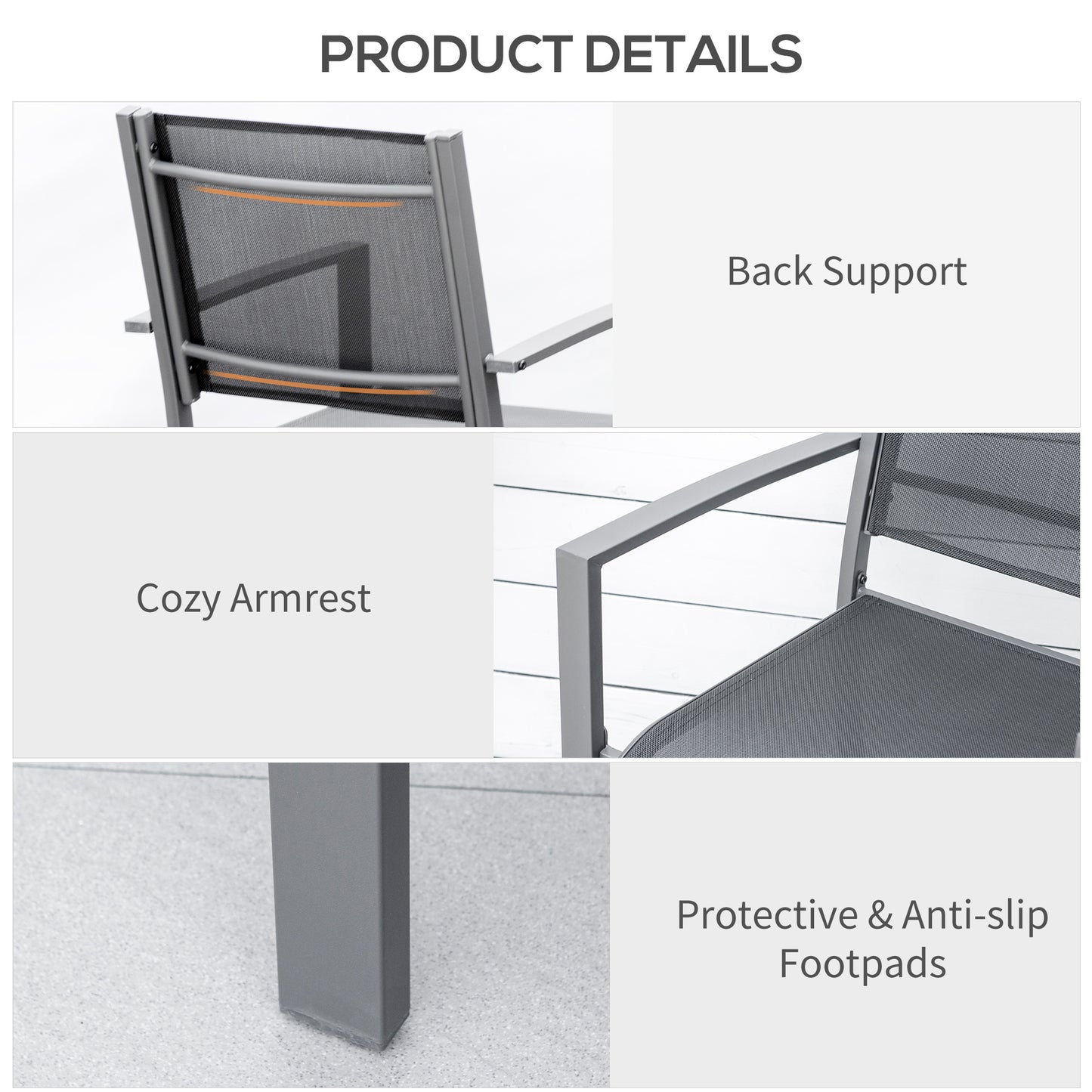 Outsunny Garden Chairs Set Of 2 Outdoor Chairs with Steel Frame Texteline Seats for Dining Patio Balcony Dark Grey and Black