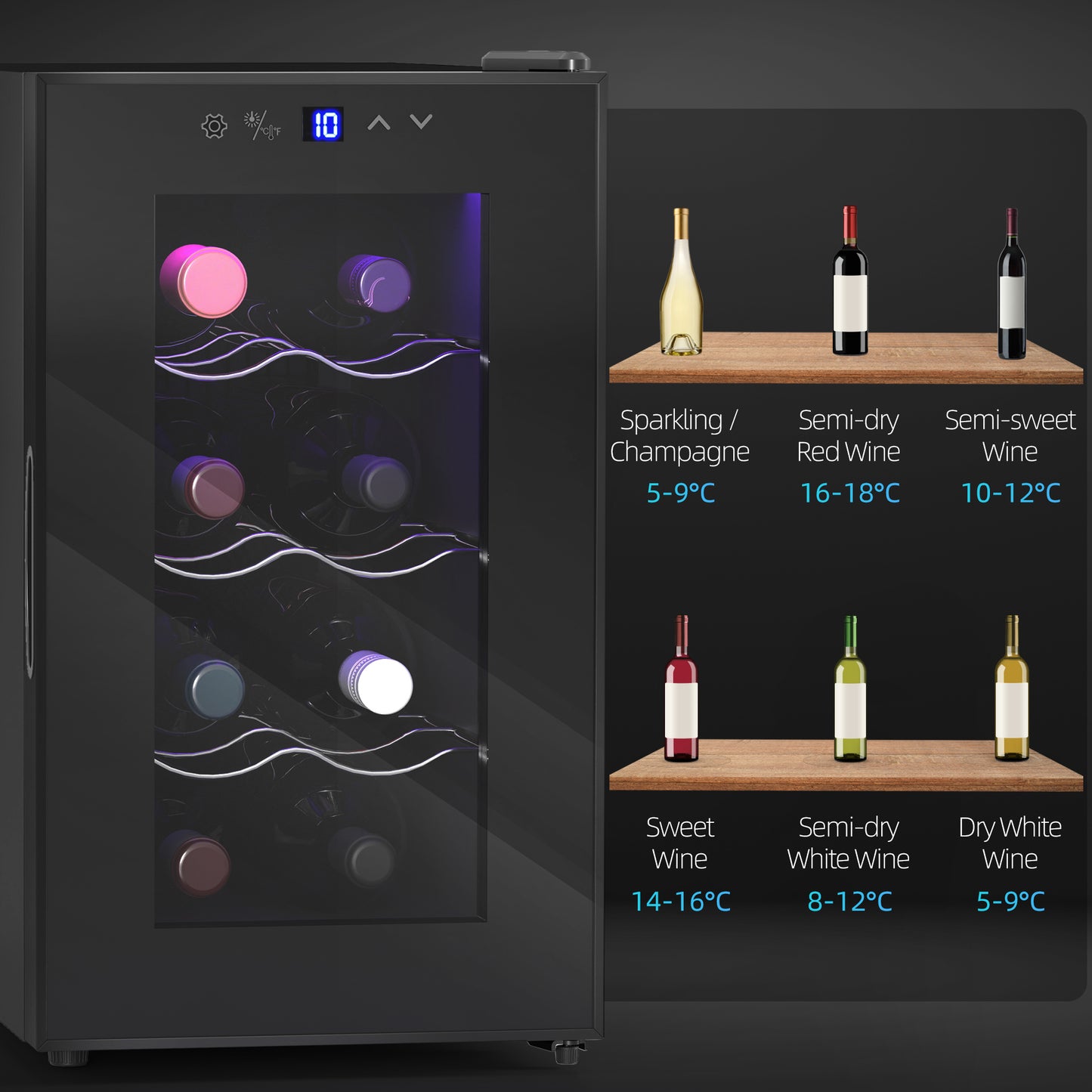 HOMCOM Mini Table Top Wine Fridge, 8 Bottle, 17L, 8-18℃, 26.5cm Quiet Under Counter Wine Cooler Fridge with Glass Door, LED Light, Digital Touch Screen, Temperature Control