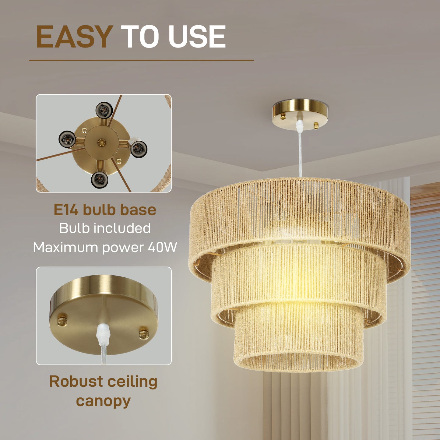 HOMCOM Hemp Rope Ceiling Light, 3-Layer Boho Pendant Light, E14 Vintage Ceiling Lamp Fixtures for Living Room, Bedroom, Kitchen, Hallway, Light Brown