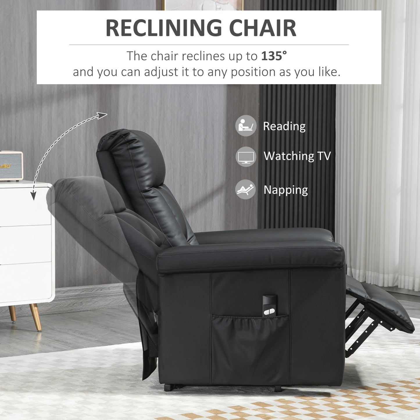 HOMCOM Power Lift Chair Armchair for the Elderly, PU Leather Recliner Chair with Extended Footrest, Remote Control and Side Pocket, Black