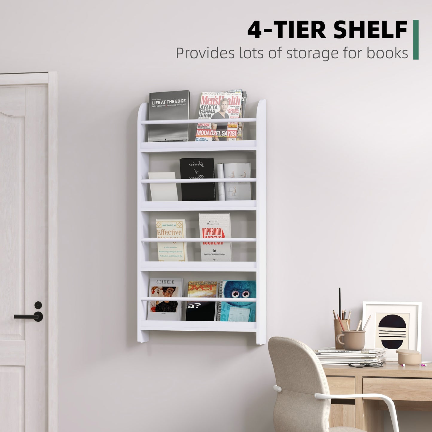 HOMCOM Hanging Wall File Holder, 4 Tier Desk Tidy Organiser, Paper Document Magazine Storage Rack with Wooden Baffles for Office Home, Accessories Supplies, White