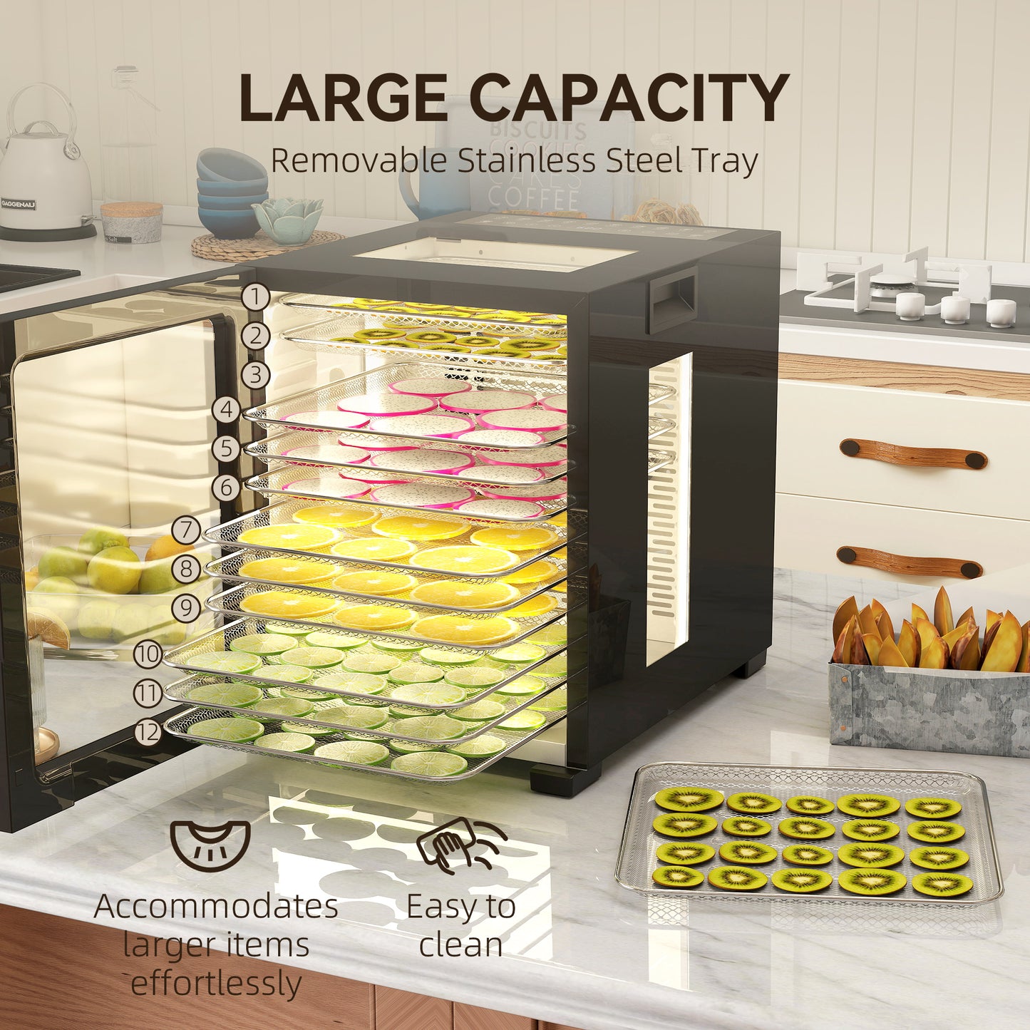 HOMCOM Food Dehydrator with 12 Stainless Steel Tray, 850W Food Dryer Machine with LED Touch Panel, 40-70℃ Adjustable Temperature, 48H Timer for Drying Fruit, Meat, Vegetable, Jerky, Pet Treat, Black