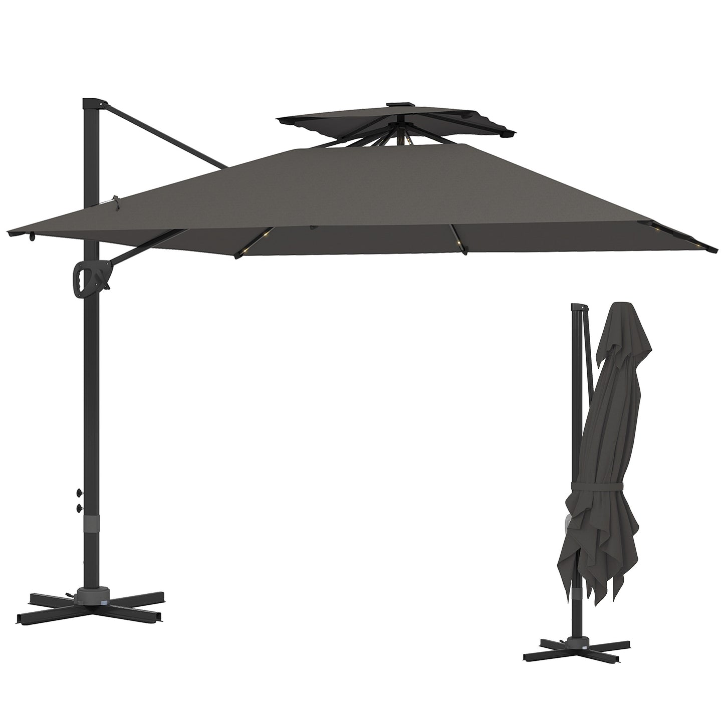 Outsunny 3.5x3 m Garden Cantilever Parasol with Solar LED Lights and Centre Light, Aluminium Large Square Patio Umbrella, UPF50+ Hanging Sun Shade with Cross Base, Crank Handle and Tilt, Grey