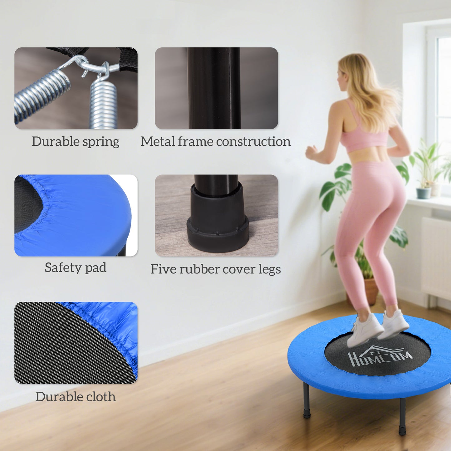 HOMCOM 32" Mini Fitness Trampoline Home Gym Yoga Exercise Rebounder Indoor Outdoor Jumper with Safety Pad, Support Up to 100 KG, Blue and Black