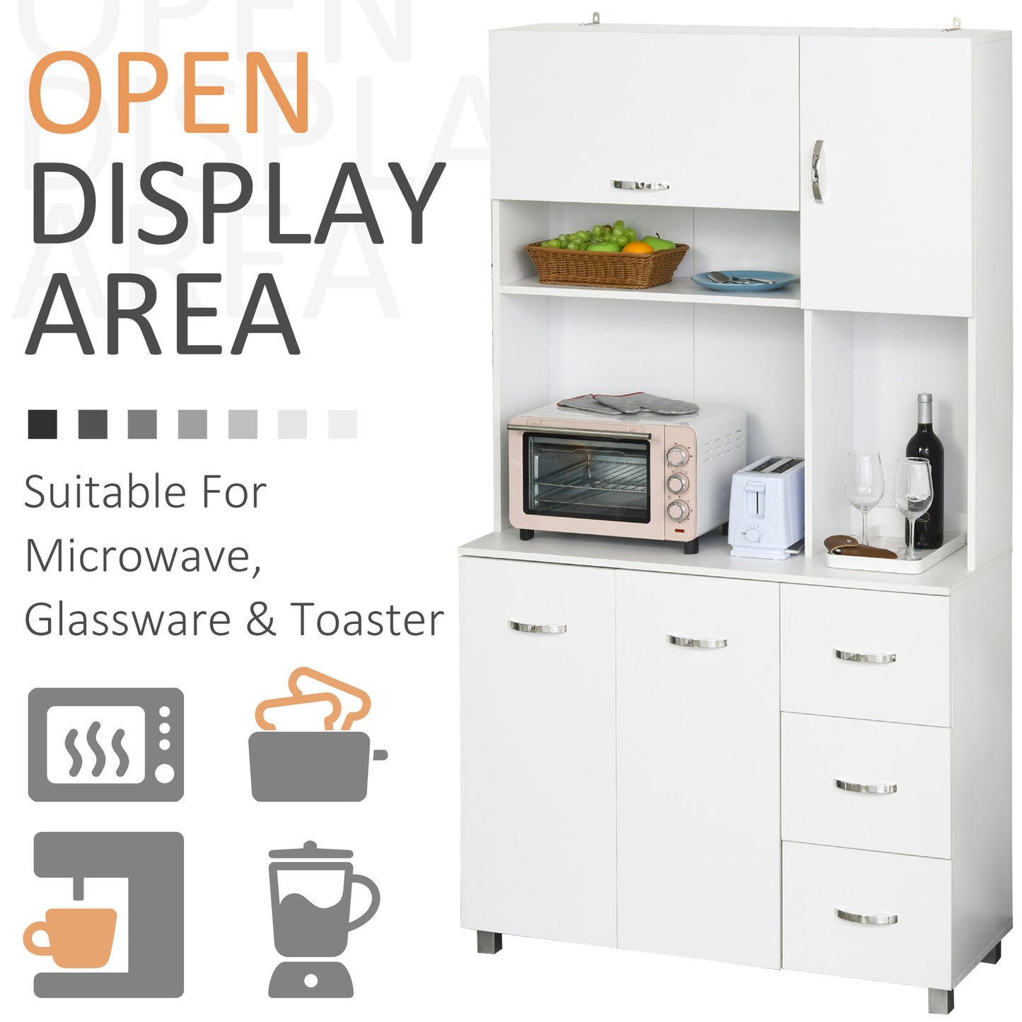 HOMCOM Kitchen Cupboard, 183cm Tall Storage Cabinet with Countertop, Sideboard with 3 Small Drawers, Flip Up Top Door, 3 Cabinet Doors and Open Shelves, 100W x 39.5D x 183.5H cm, White