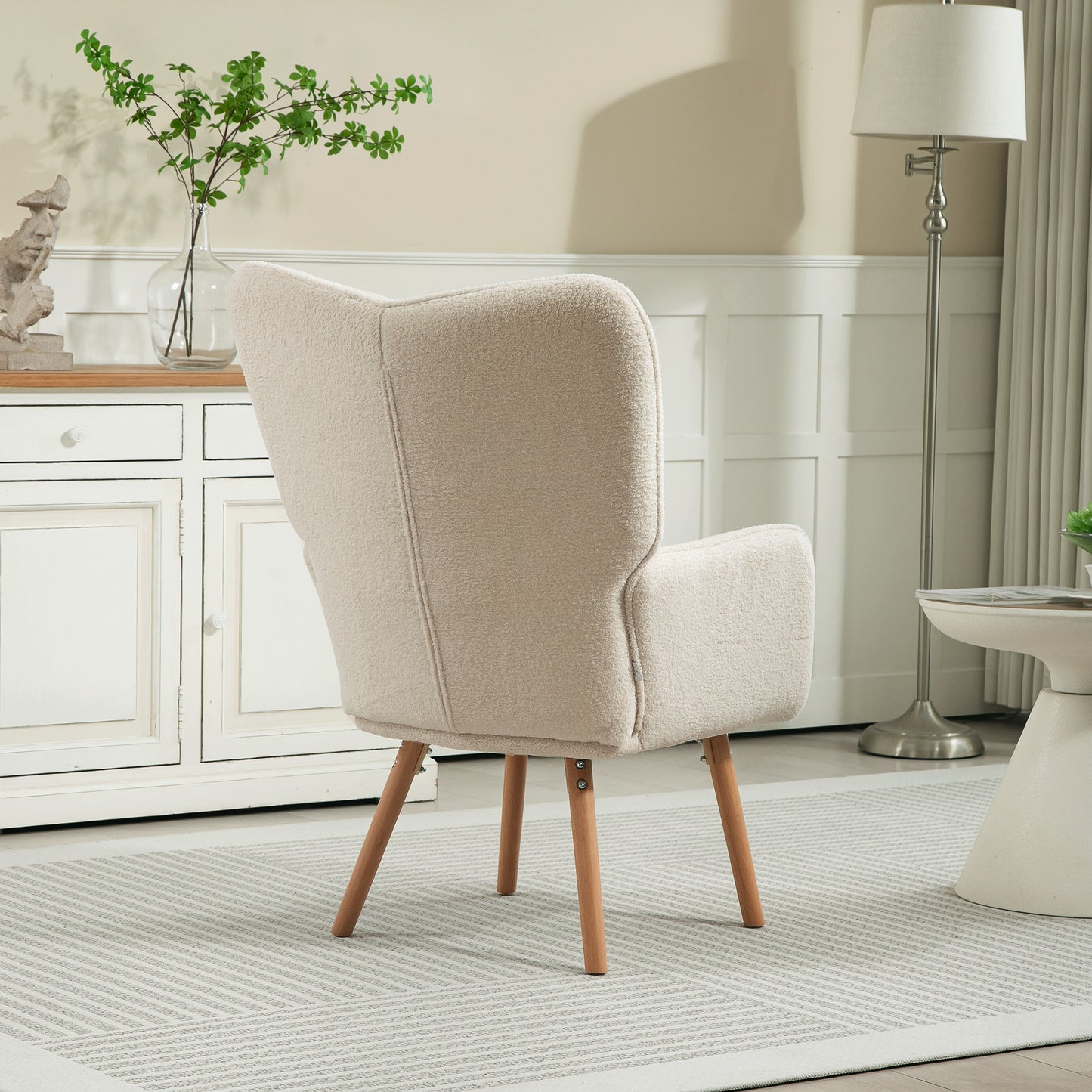HOMCOM Modern Accent Chair, Upholstered Tufted Wingback Armchair with Seat Padding, Teddy Fleece Leisure Lounge Bedroom Chair with Wood Legs, Cream White