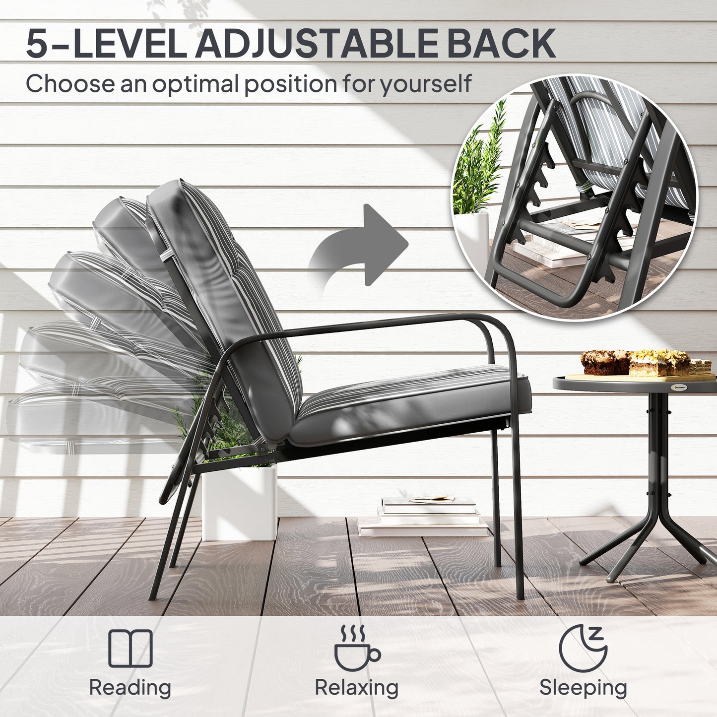 Outsunny 3-Piece Patio Bistro Set, 5-Position Adjustable Recliner Garden Chairs and Tempered Glass Table, Garden Furniture Set with Cushions, High Back, Armrests, Metal Frame for Balcony Patio, Grey