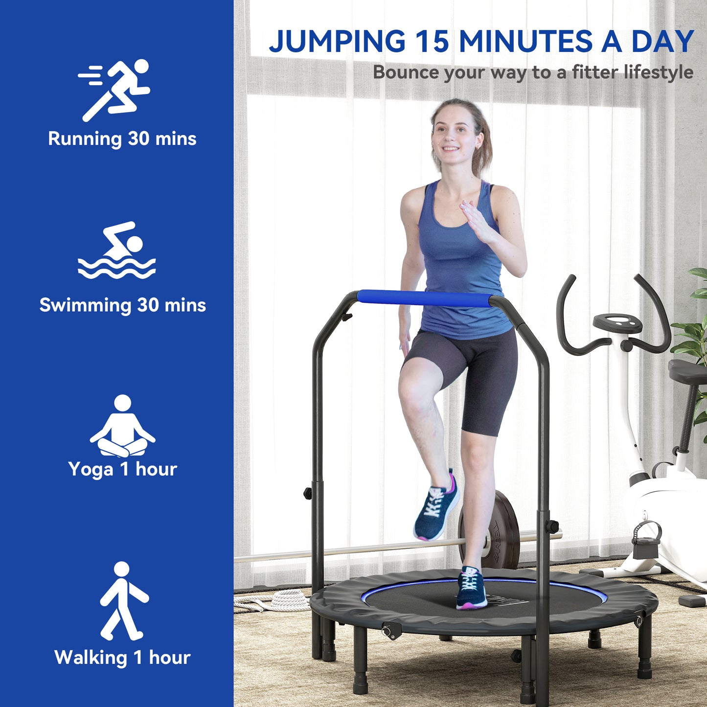HOMCOM 45" Foldable Mini Fitness Trampoline, with Adjustable Foam Handle, Blue