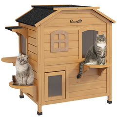 PawHut√Ç 2-story Cat House Outdoor, Weatherproof√Ç Wooden Cat Enclosure for Feral Cats with Escape Door, Openable Roof, Jumping Platforms, Natural Wood Finish