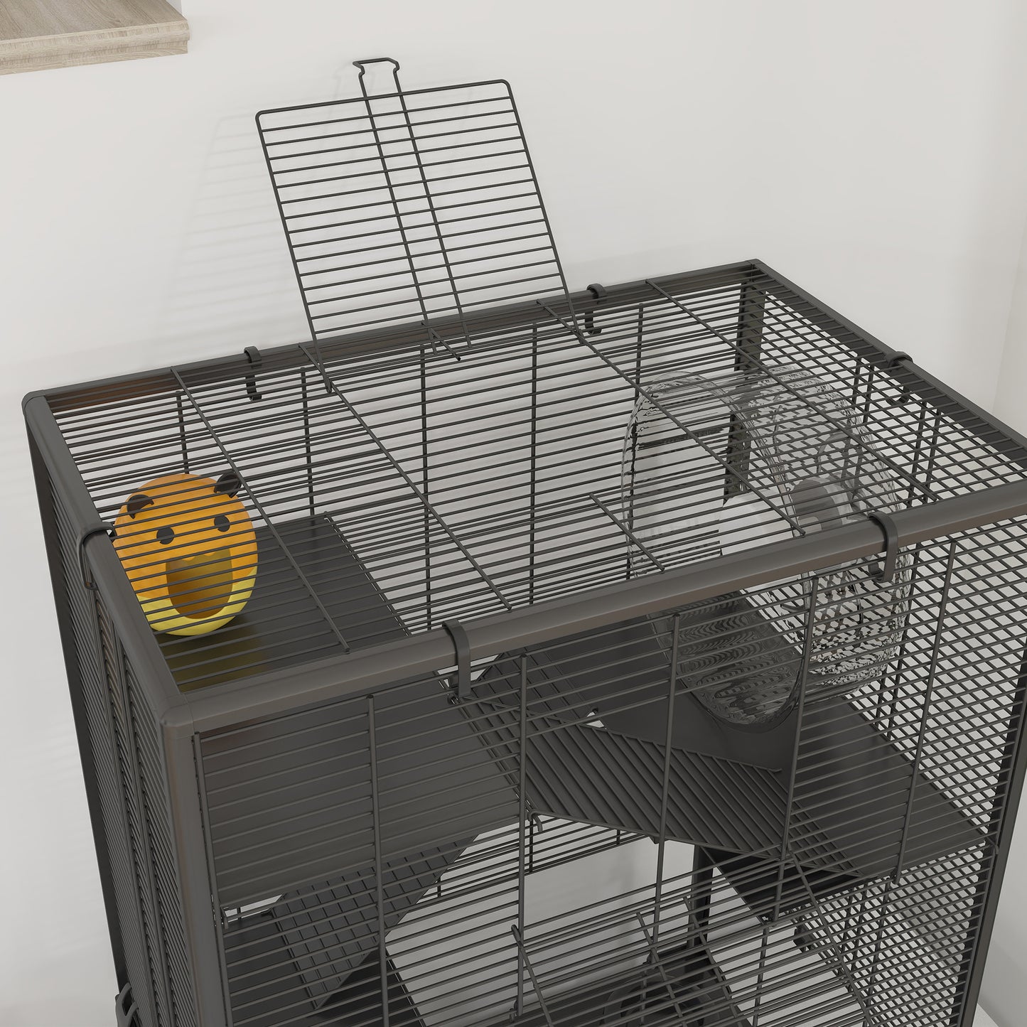 PawHut 4 Tiers Hamster Cage with Deep Tempered Glass Bottom, Hut, Running Wheel, Food Dish, Water Bottle, 60 x 40 x 80cm