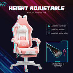 HOMCOM Cat Ear and Paw Reclining Office Chair, with Footrest - Pink/White