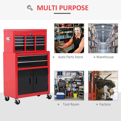 HOMCOM Tool Chest, Metal Tool Cabinet on Wheels with 6 Drawers, Pegboard, Top Chest and Roller Cabinet Combo, 61.6 x 33 x 108cm, Red and Black