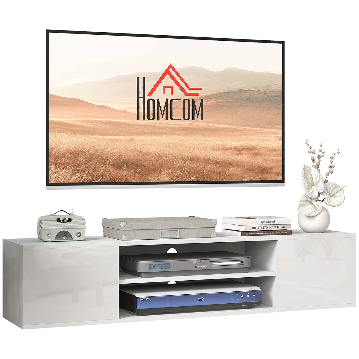 HOMCOM Floating TV Stand Cabinet for TVs up to 60", Wall Mounted TV Unit with Open Shelf, Storage Cupboards and Cable Management for Living Room, White