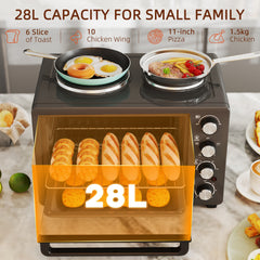 HOMCOM 28L Mini Oven with 2 Hot Plates, Countertop Toaster Oven, Grill, Roast, Bake, Boil, with Timer, Adjustable Temperature, Electric Oven with Baking Tray, Grill Rack, Crumb Tray, 2600W, Black