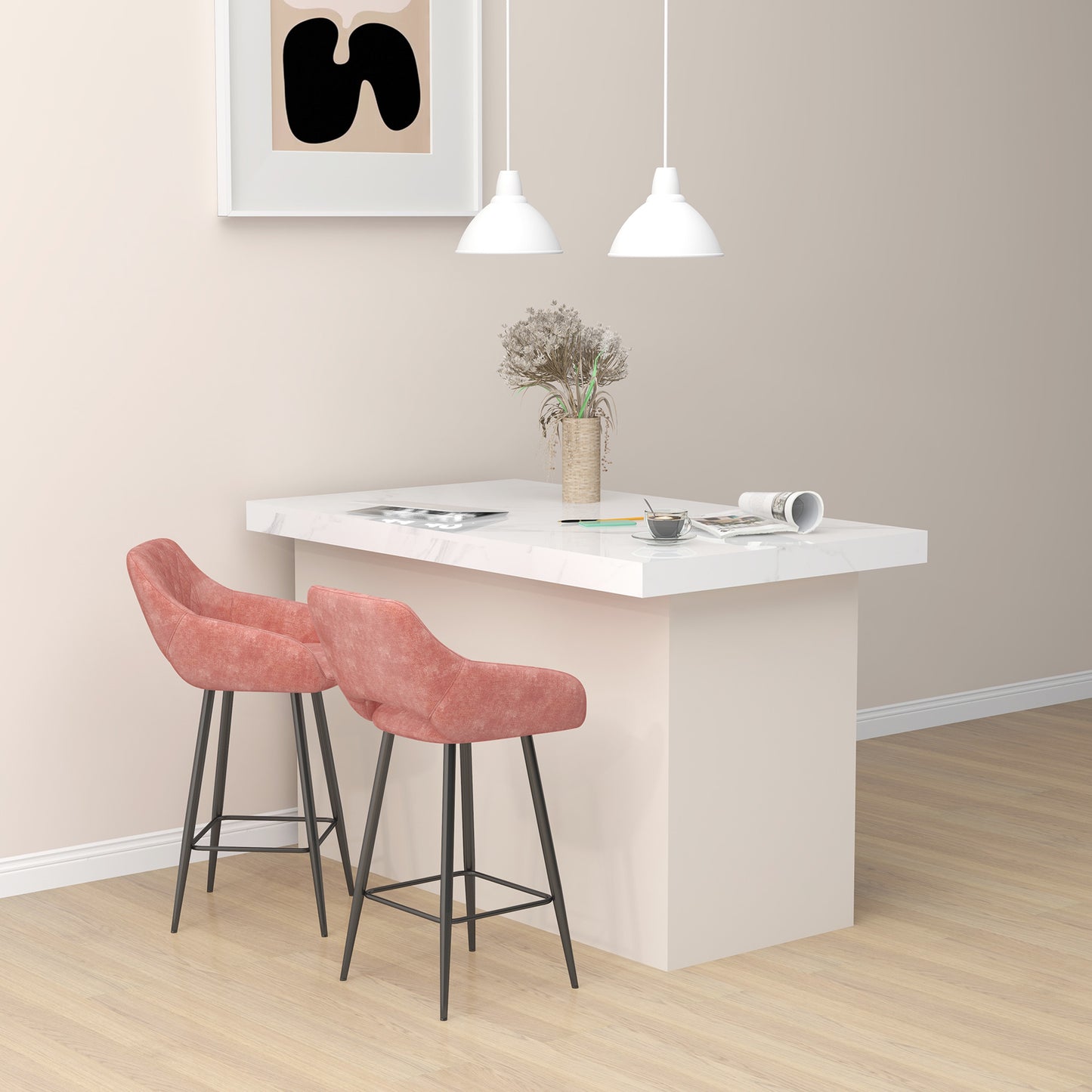 HOMCOM Set of Two Velvet-Feel Bar Stools - Pink