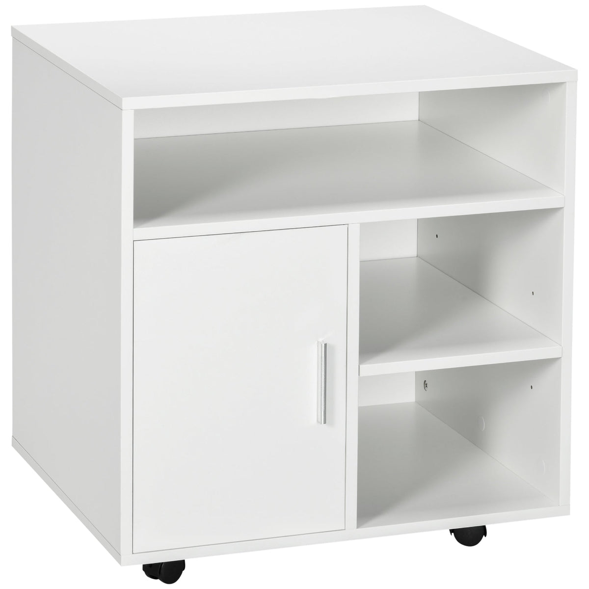 HOMCOM Multi-Storage Printer Stand Unit Office Desk Side Mobile Storage w/ Wheels Modern Style 60L x 50W x 65.5H cm - White