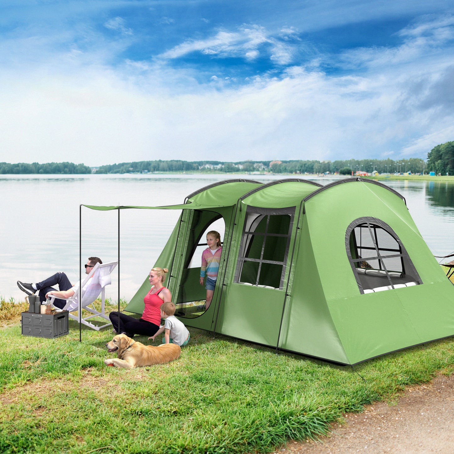 Outsunny 4 Man Tunnel Tent, Family Camping Tent with Porch, Bedroom and Living Area, Sewn in Groundsheet, 3000mm Waterproof, Portable with Bag for Hiking, Festival, Backpacking, Green