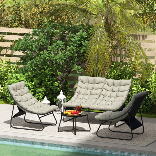 Outsunny 4 Seater Garden Furniture Set, Conversation Set with Loveseat Sofa, Chairs, Glass Coffee Table, Thick Cushions, Steel Outdoor Sofa for Balcony, Poolside, Conservatory, Light Grey