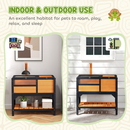 PawHut Wooden Tortoise House, with Shelter, Run, Shelf, Lamp Holder, Tray, Yellow