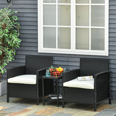 Outsunny 2-Seater PE Rattan Side Table & Armchair Bistro Set Jack and Jill Seat w/ Pillows Black