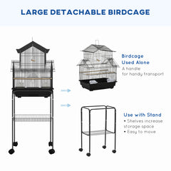 PawHut Metal Bird Cage with Plastic Swing, Perch, Food Container, Tray, Handle, for Finches, Canaries, Budgies, 43.5 x 33 x 121