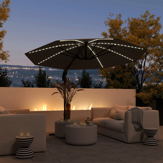 Outsunny 3(m) Cantilever Garden Parasol with Solar Powered Lights, Crank Handle & Cross Base, UPF 50+, 360√Ç¬∞ Rotation, Dark Grey