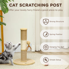 PawHut Cat Scratching Post for Indoor Cats, 47cm Tall Cat Scratcher with Jute Sisal Rope, Hanging Toy Ball, Feather, Brown