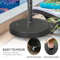 Outsunny 23.5kg Resin Garden Parasol Base with Wheels and Retractable Handles, Round Outdoor Market Umbrella Stand Weight for Poles of â38mm to â48mm, Black