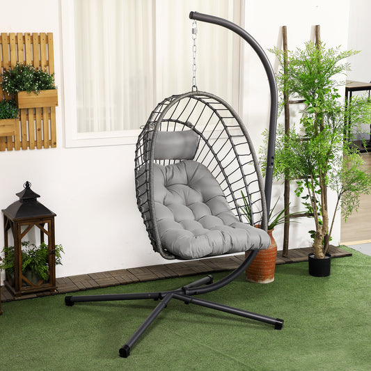 Outsunny Outdoor PE Rattan Swing Chair with Cushion, Garden Foldable Basket Patio Hanging Egg Chair with Metal Stand, Headrest, for Indoor and Outdoor, Light Grey