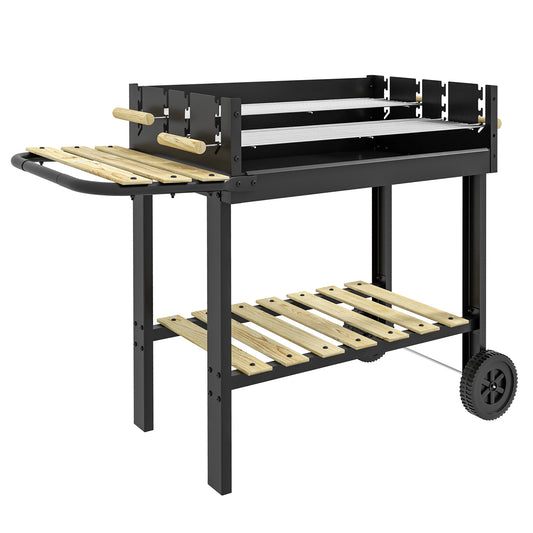 Outsunny Charcoal√Ç BBQ√Ç Grill, Barbecue√Ç Trolley with Double Adjustable Grill, Side Table, Storage Shelf and Wheels for Outdoor Garden Party Cooking, Black