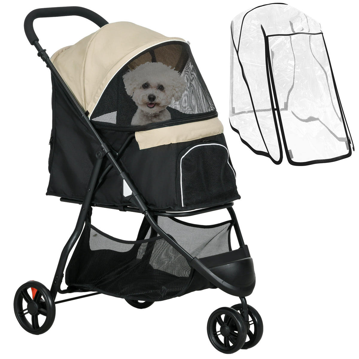 PawHut Foldable Pet Stroller w/ Rain Cover, for XS Dogs, S Dogs - Khaki