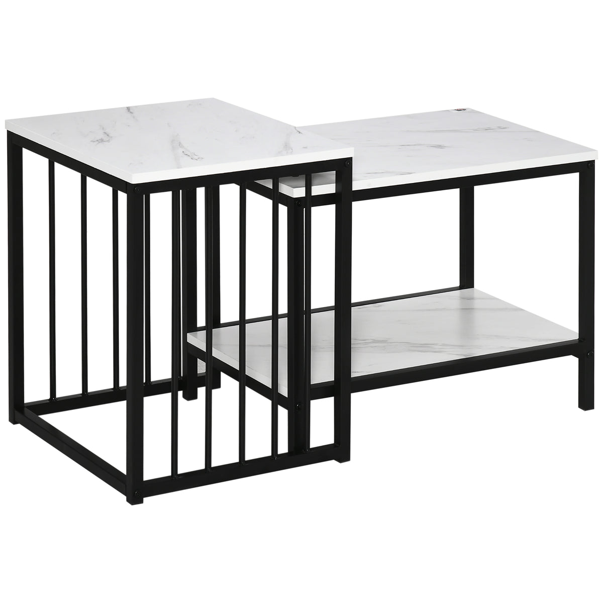 HOMCOM Modern Coffee Table Set of Two, Marble-Effect Nesting Side Tables with Steel Frame for Living Room, White, Black