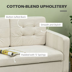 HOMCOM Modern Loveseat Sofa, Compact 2 Seater Sofa with Hidden Storage, 117cm Tufted Cotton Couch with Wood Legs, Cream White