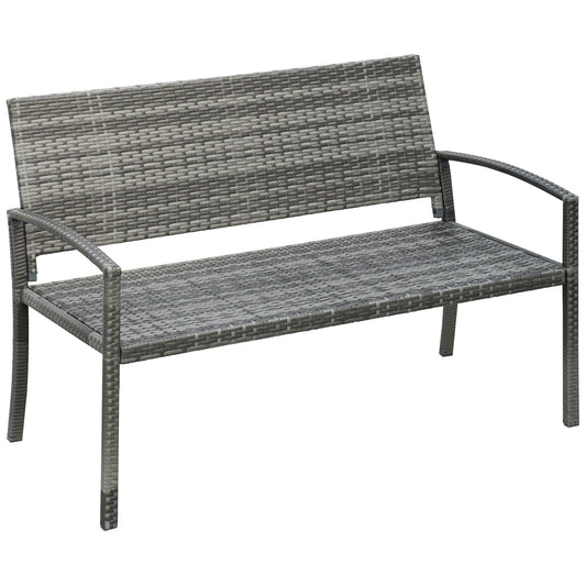 Outsunny 2 Seater Poly Rattan Garden Bench, All Weather Wicker Garden Loveseat, Outdoor Seating Bench with 240 Load Capacity, Backrest and Armrests for Patio, Terrace, Balcony, Grey