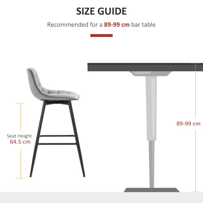 HOMCOM Set of 2 Bar Stools Velvet-Touch Dining Chairs Kitchen Counter Chairs Fabric Upholstered seat with Metal Legs, Backrest, Grey