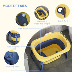 HOMCOM Baby Bathtub for 0-6 Years Collapsible Non-Slip Portable with Stool Seat for Newborns Infants Toddlers Kids - Yellow