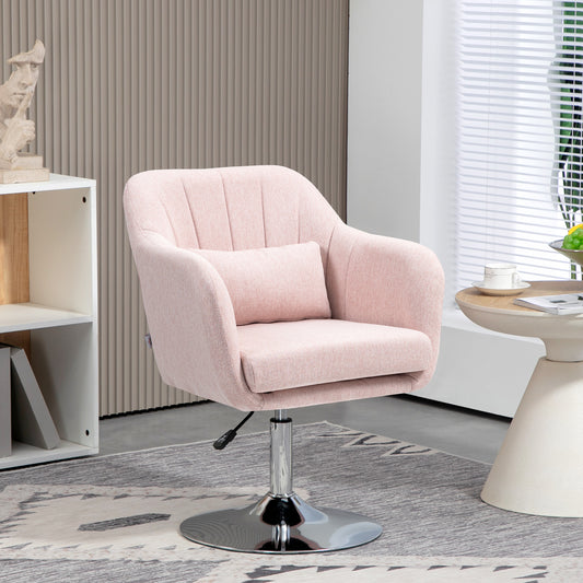 HOMCOM Swivel Linen Fabric Accent Chair for Living Room Contemporary Vanity Armchair with Adjustable Height Thick Cushion Lumbar Support Armrest for Bedroom Office Pink