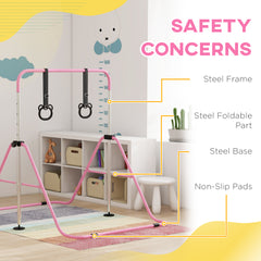 HOMCOM Adjustable Height, Foldable Kids Gymnastics Bar w/ Non-slip Rubber Floor Rings, for 3+ Years, Pink