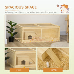 PawHut Wooden Hamster Cage with Sliding Tray, Openable Top, Hut for Syrian Hamster, Natural Wood Finish