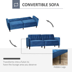 أريكة سرير من HOMCOM Modern 3 Seater Velvet Sofa Bed، أريكة سرير Click Clack، أريكة نوم مبطنة بأزرار مع مسند ظهر قابل للإمالة وأرجل من الخشب المطاطي، باللون الأزرق