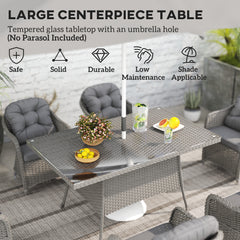 Outsunny 6 Seater Rattan Dining Set with Seat and Back Cushions, PE Rattan Garden Furniture Set, Outdoor Dining Table and Chairs, Rectangular Glass Top Table with Umbrella Hole, Light Grey