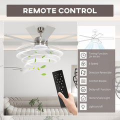 HOMCOM 52" Ceiling Fans with Light and Remote, 132CM LED Ceiling Fan with 5 Blades, 5-Speed, Timer, Quiet Reversible DC Motor, for Bedroom, Living Room, Silver and Beech Wood-effect